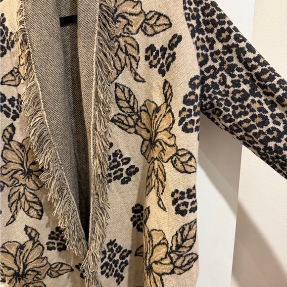 Johnny Was animal print wool and cashmere fringe cardigan. - Picture 3 of 5